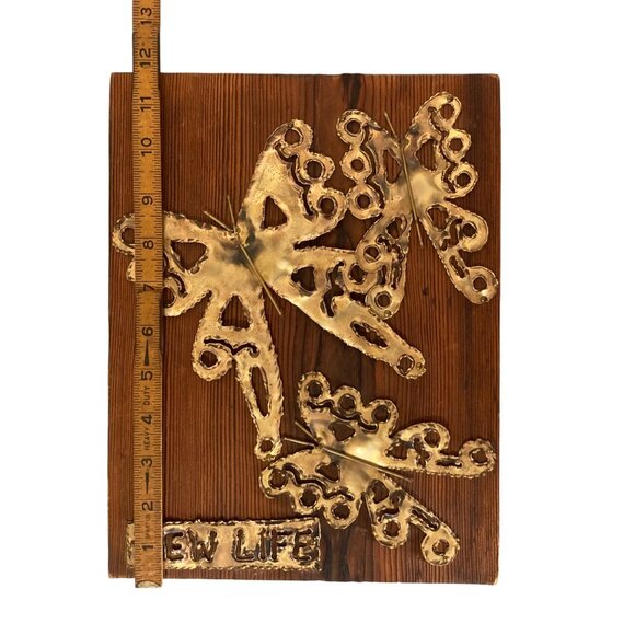 Brutalist Brass Butterfly Sculpture On Wood Wall Hanging Decor - Picture 3 of 4